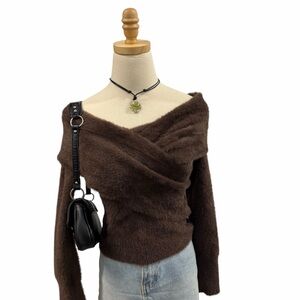 Express Brown Fuzzy Off Shoulder Wrap Sweater Small Y2K Soft Girl Top
